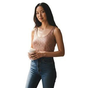 Women’s Petite Tank Top Size Small Copper Sequin Scoop Neck Lined Pullover